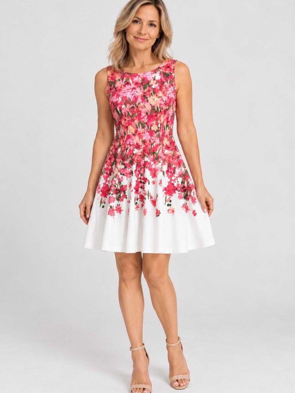 Danny and Nicole Floral Fit & Flare Dress Womens 14 Pink White Sleeveless